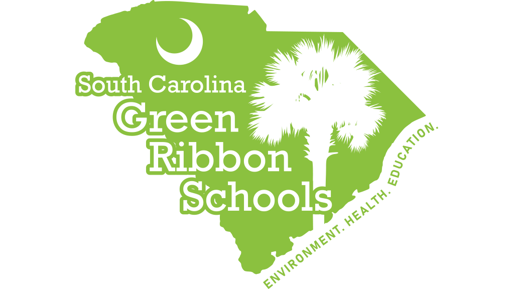 Shape of South Carolina filled with bright green and the text Green Ribbon Schools