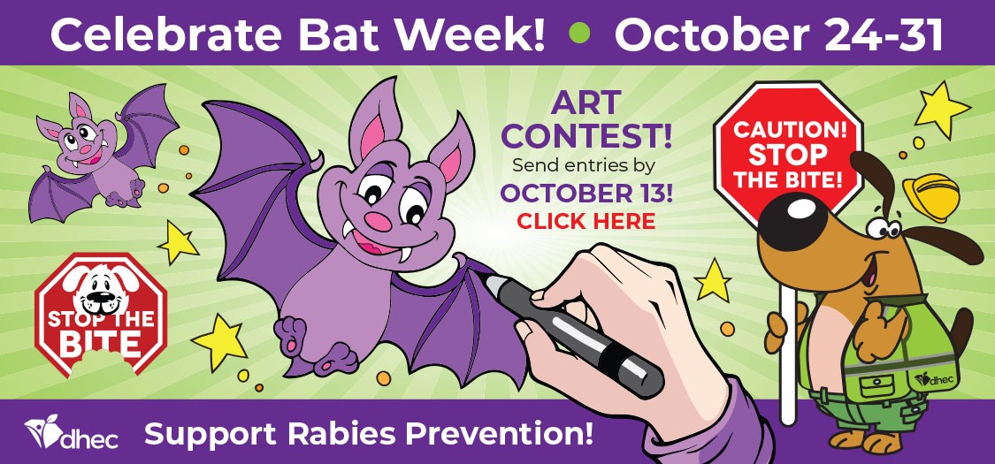 Bat Week banner showing someone coloring in a purple bat. Text explains drawing submissions are due October 13.