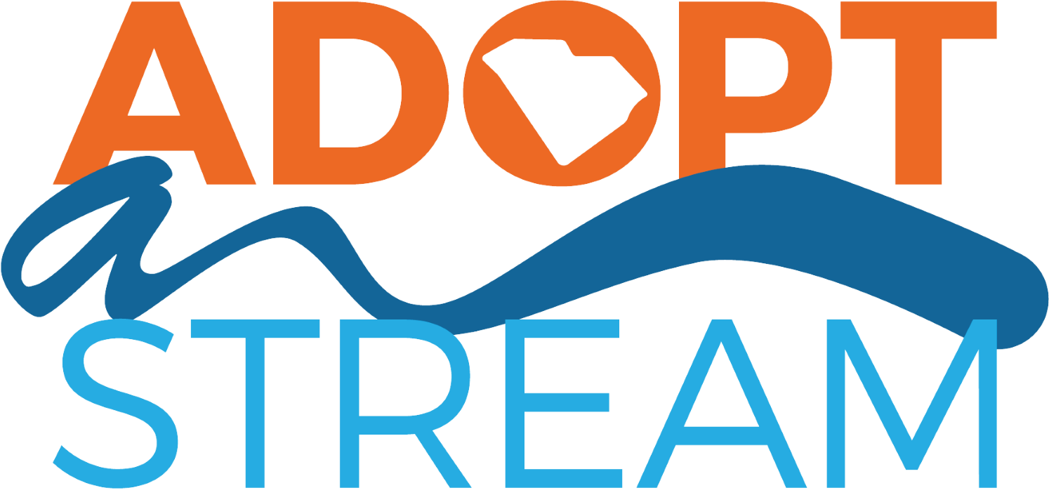 Orange 'Adopt' with SC state outline in the 'O', navy 'a' with the tail end looking like a stream, 'Stream' in light blue capital letters